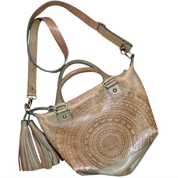 Isabella Fiore handbag satchel crossbody tooled leather tan tassel boho bohemian - Picture 5 of 11